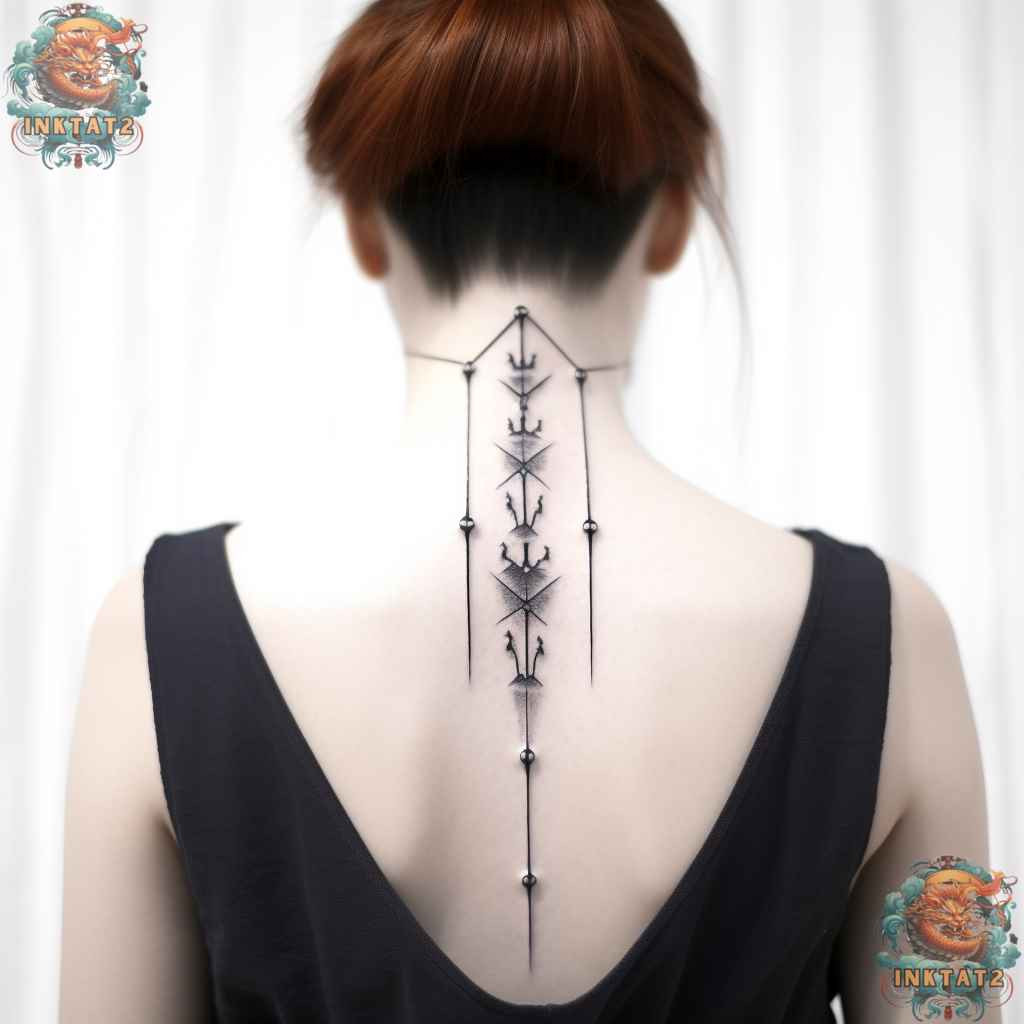 Geometric floral mandala spine tattoo, combining multiple baddie design elements.