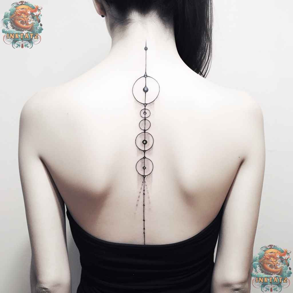Geometric and floral spine tattoo, combining modern and feminine baddie elements.