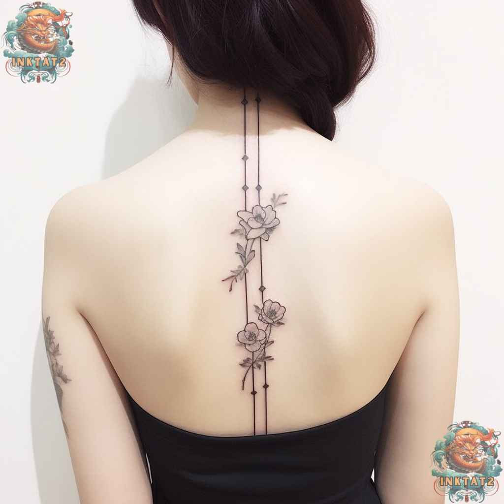 Ornamental floral spine tattoo, showcasing detailed elegance in baddie style.