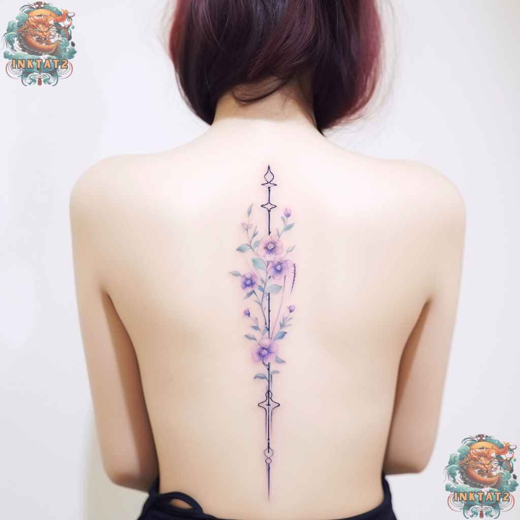 Watercolor floral spine tattoo, a soft and artistic baddie feminine design.