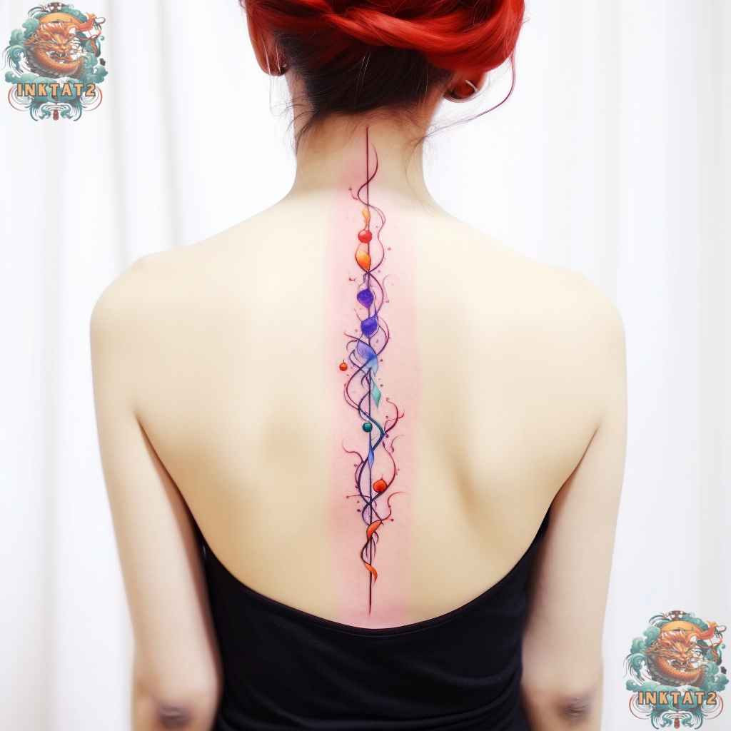 Galaxy spine tattoo with vibrant colors, a visually stunning baddie celestial design.