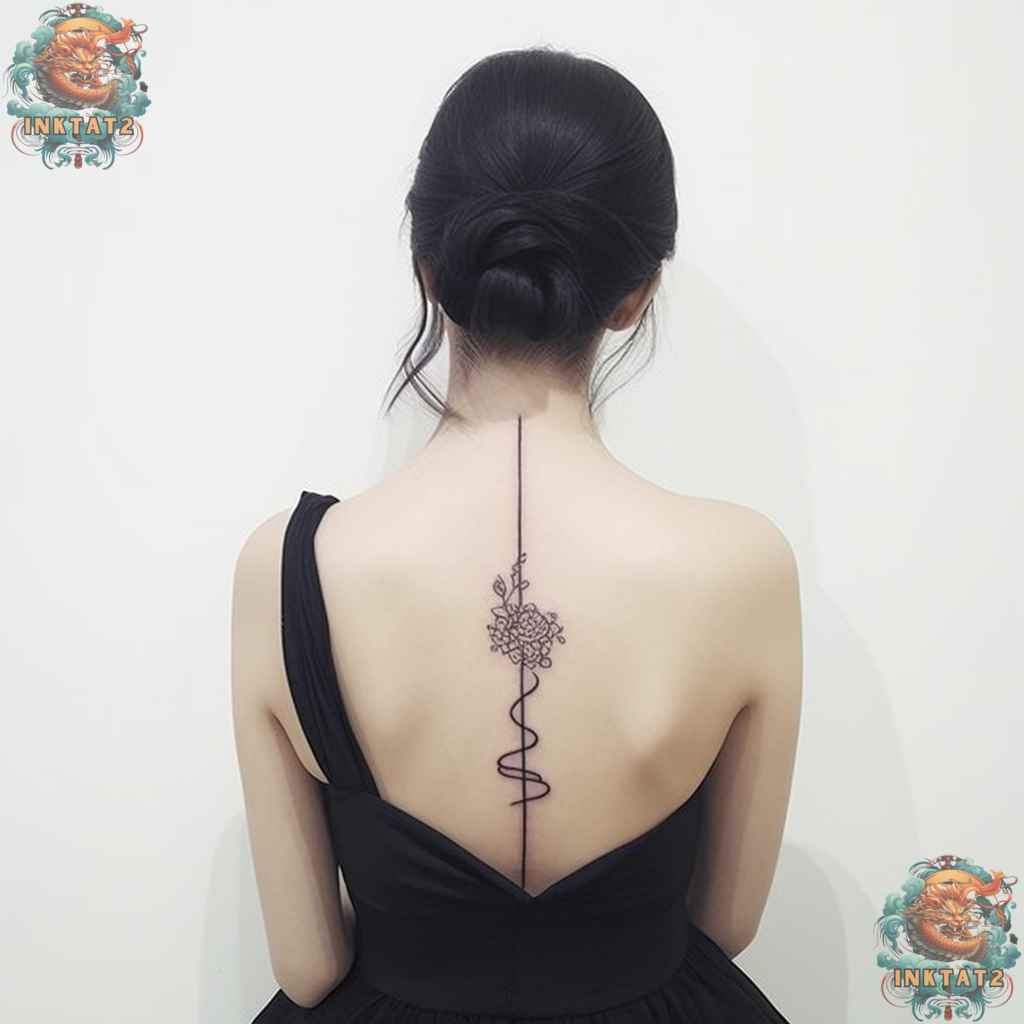 Feminine skull spine tattoo with floral elements, blending strength with baddie elegance.