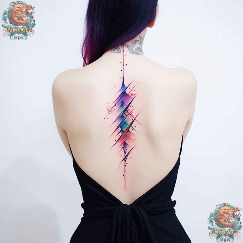 Striking black and grey spine tattoo, showcasing dramatic contrast and baddie boldness.