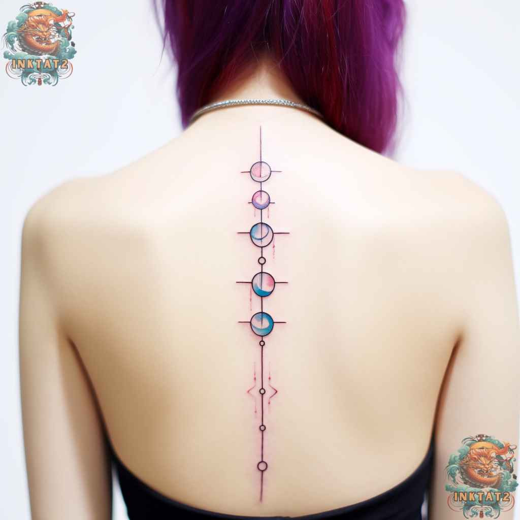 Geometric mandala spine tattoo, combining spiritual symbolism with modern baddie aesthetic.