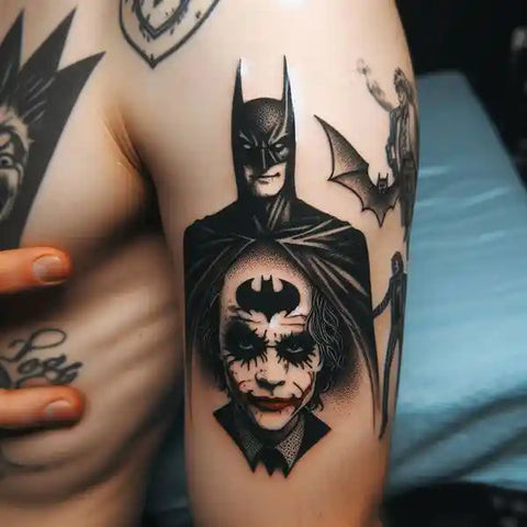 Batman and Joker tattoo with contrasting styles