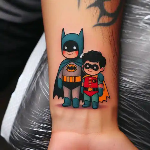 Batman and Robin dynamic pose tattoo