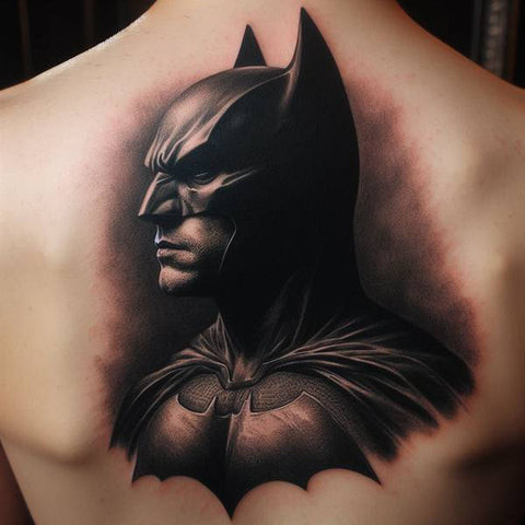 Detailed Batman back piece tattoo