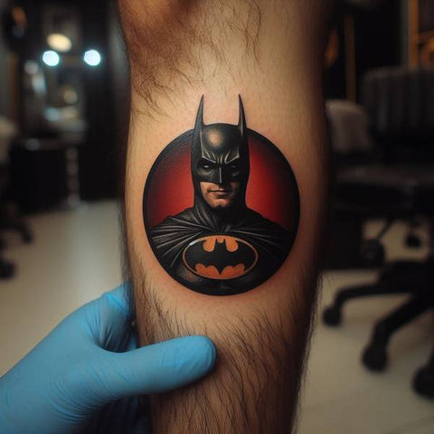 Batman leg tattoo with red background