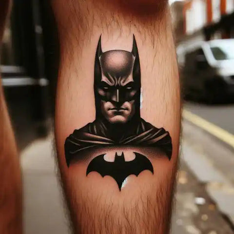 Detailed Batman leg tattoo design