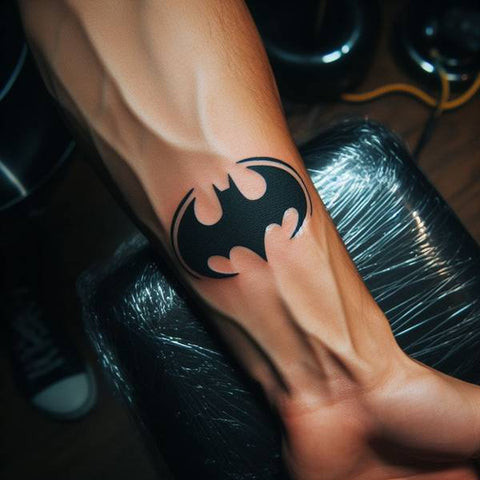 Modern Batman logo tattoo on forearm