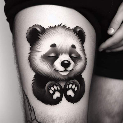 Realistic black and grey bear thigh tattoo for men.