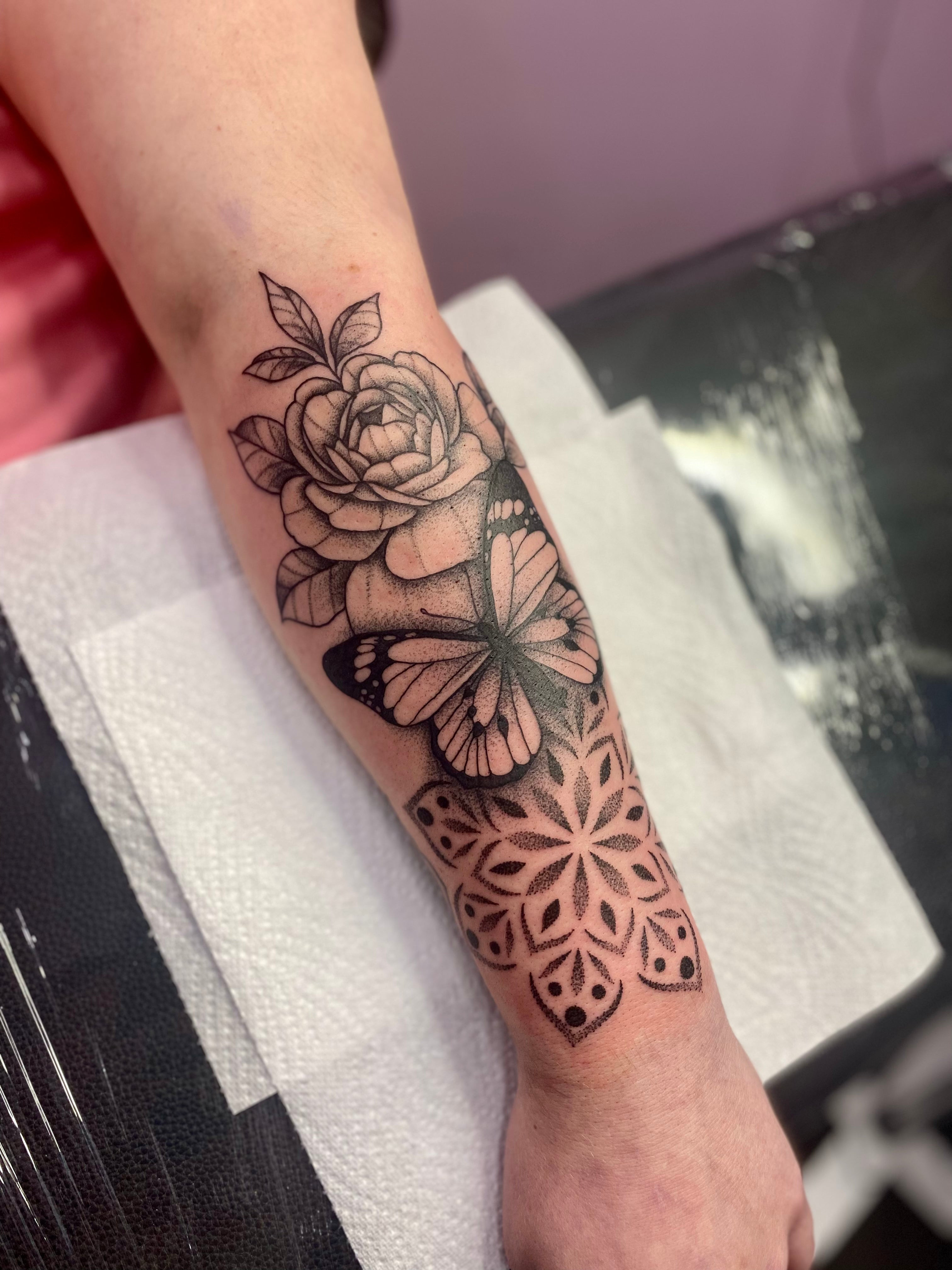 Dotwork Mandala Tattoo on Arm by Becca Shaw