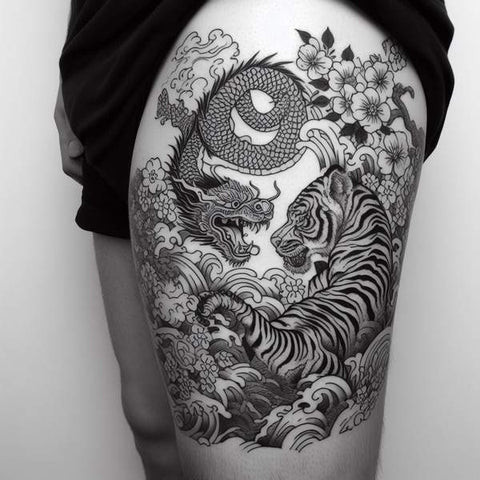 Large scale detailed black and grey thigh tattoo sleeve for men.