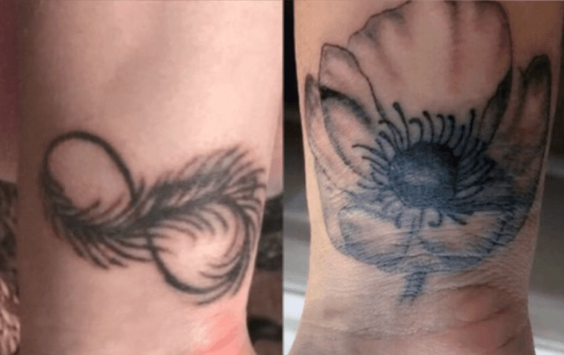 Black and grey infinity symbol tattoo cover up, transforming a feather into a floral design.