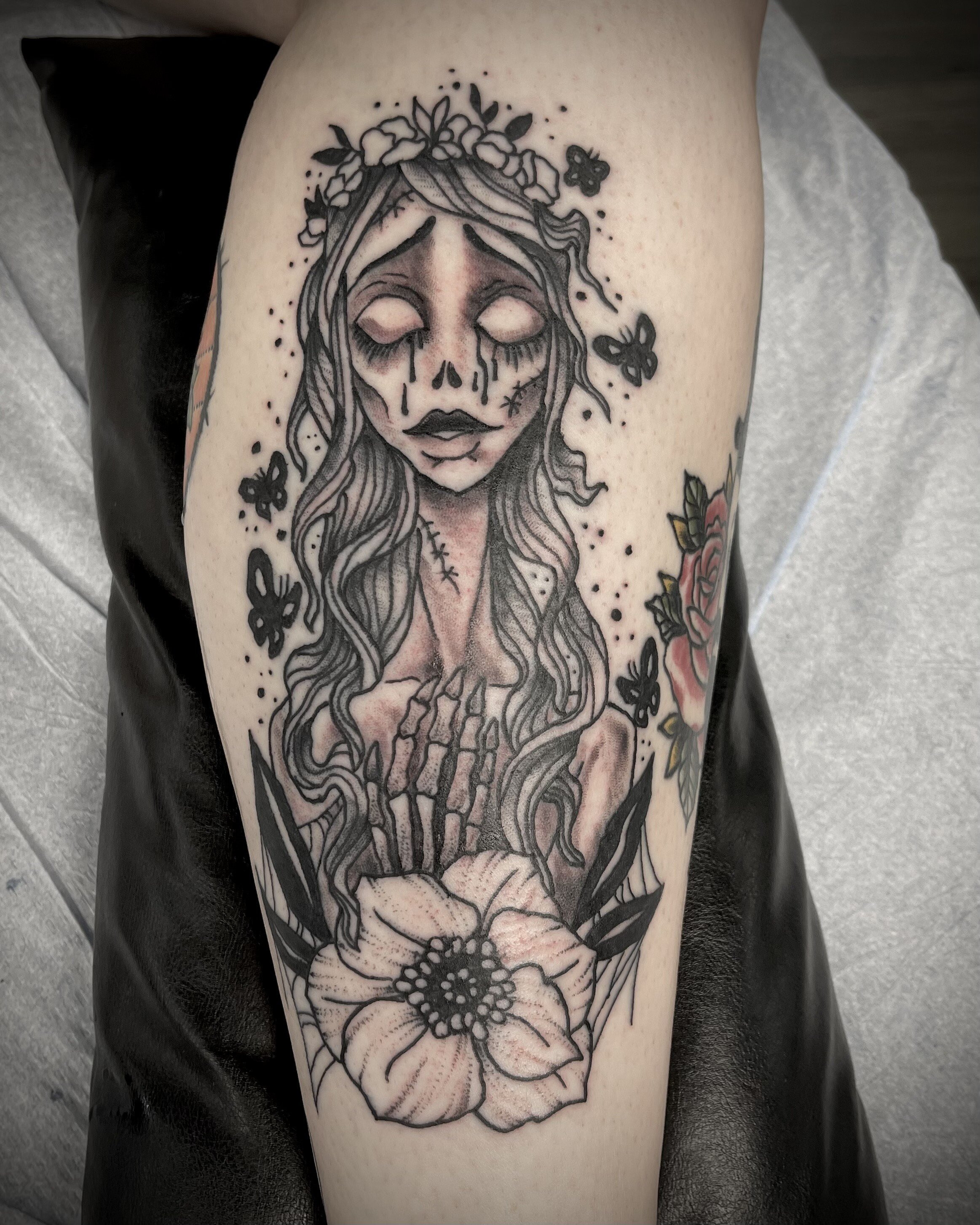 Black and grey bride of death floral tattoo for women