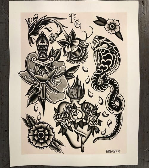 Blackwork tattoo flash art examples for men, showcasing various simple designs.