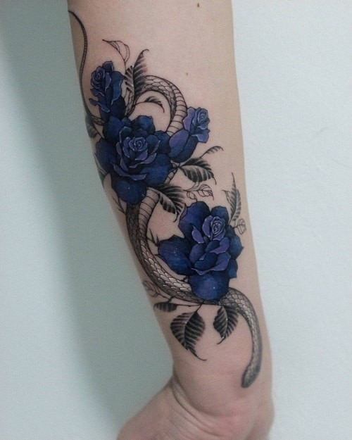 Mysterious blue rose tattoo art