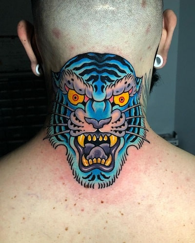 Distinctive blue tiger tattoo symbolizing fertility and renewal