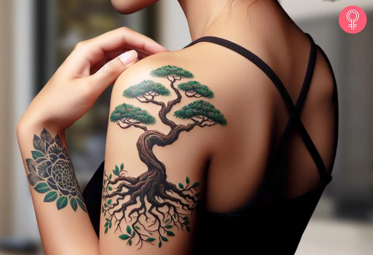 A woman's upper arm features a colored bonsai tree of life tattoo, symbolizing growth, resilience, and the interconnectedness of life and nature.
