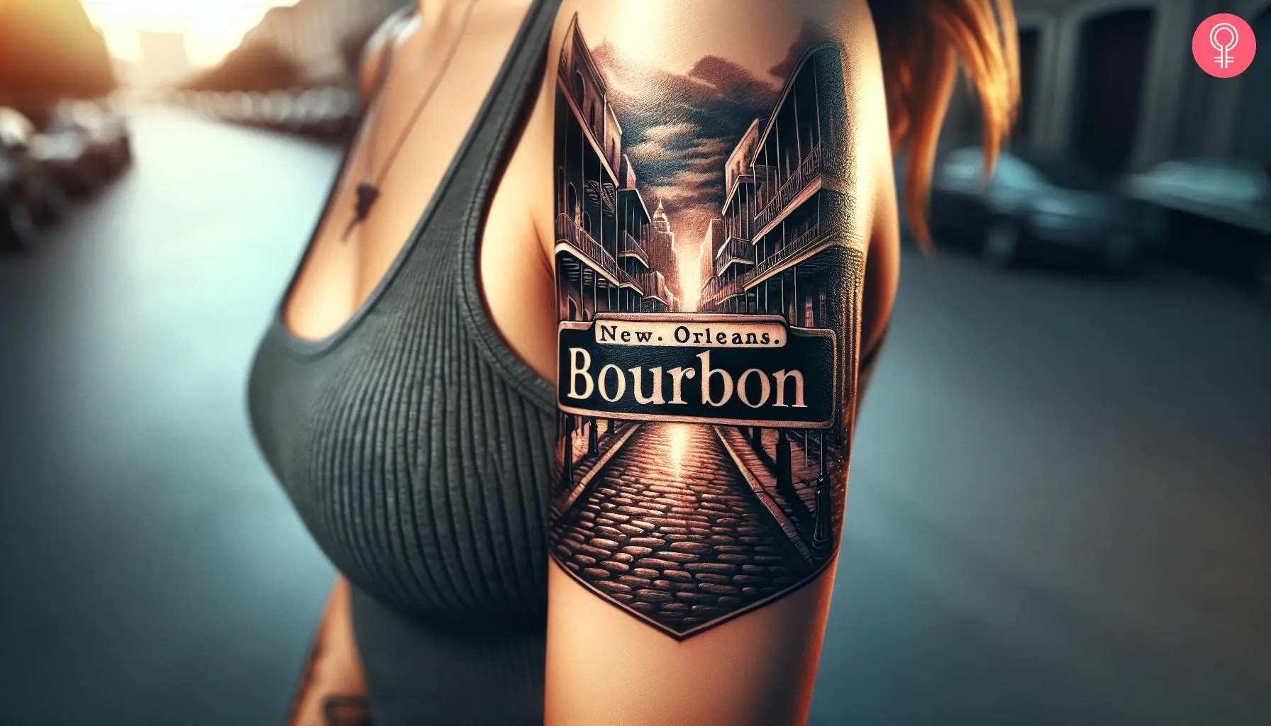 Bourbon street sign tattoo on a woman’s arm