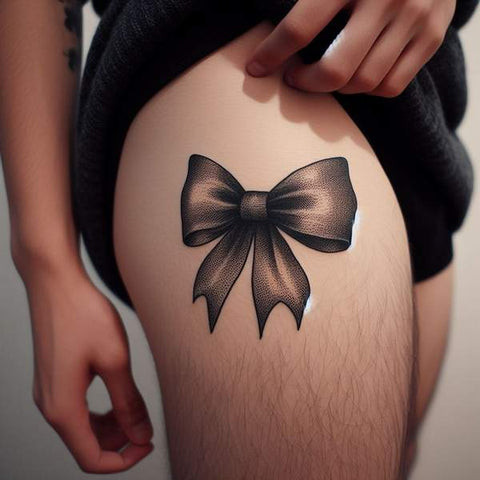 Black ink bow and arrow thigh tattoo design for men.