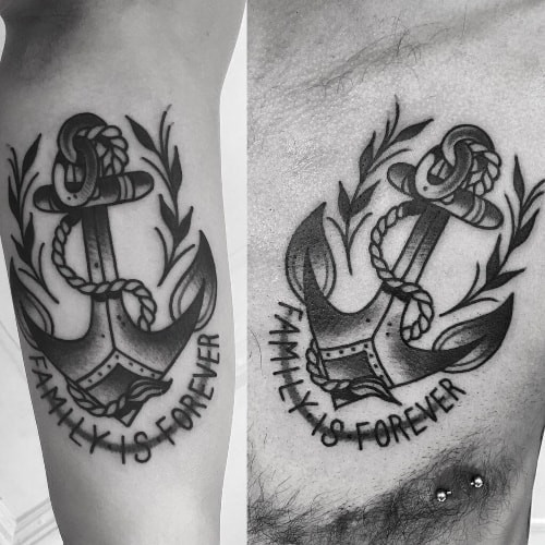 Two brother tattoos on men, one on the forearm with matching brother quotes and another on the arm with matching minimalist symbols.