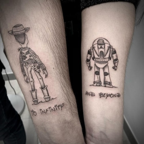 Complementary brother tattoos with connected elements on forearms, representing unity