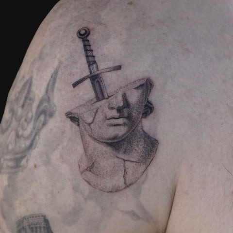 Pointillism Tattoo of David Bust created with dots