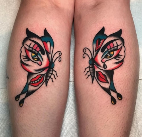 Two butterfly tattoos on men, one on the forearm with a realistic butterfly and another on the arm with a minimalist butterfly outline.