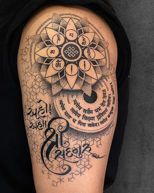 Seven Chakras aligned within a Flower of Life tattoo, representing energy centers and spiritual alignment within the cosmic pattern.