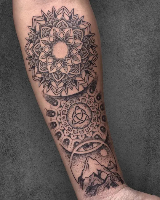 Creative wanderlust-themed Flower of Life tattoo incorporating travel elements, representing interconnected journeys and universal exploration.