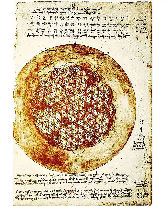 Detailed architectural drawing by Leonardo Da Vinci showcasing the Flower of Life's geometric principles and mathematical harmony, highlighting its Renaissance-era study.