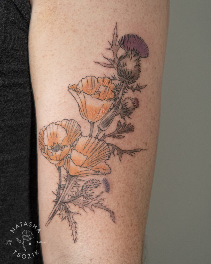 CA poppy flowers tattoo by Natasha Tsozik