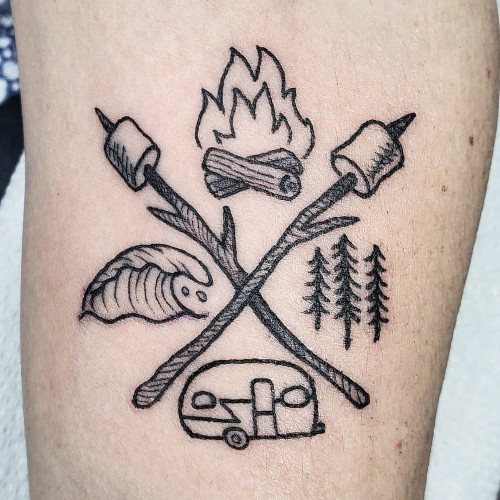 Two camping tattoos on men, one on the chest with a stylized camping landscape and another on the shoulder with a geometric camping pattern.