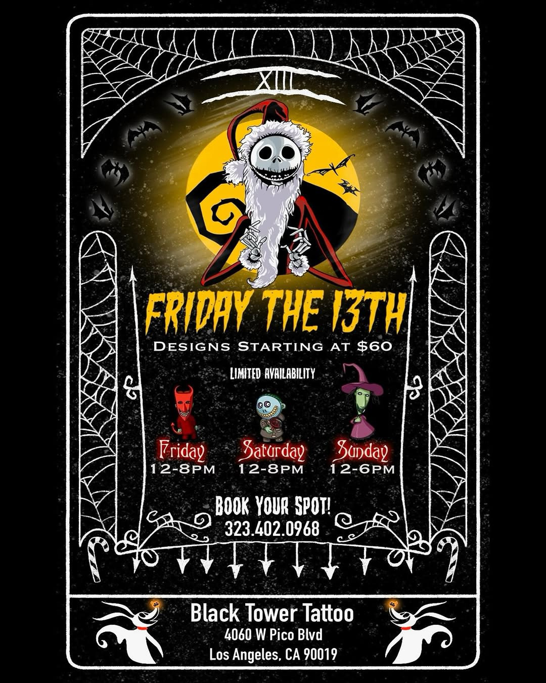 Promotional image for Black Tower Tattoo Studio's Friday the 13th three-day event in Los Angeles