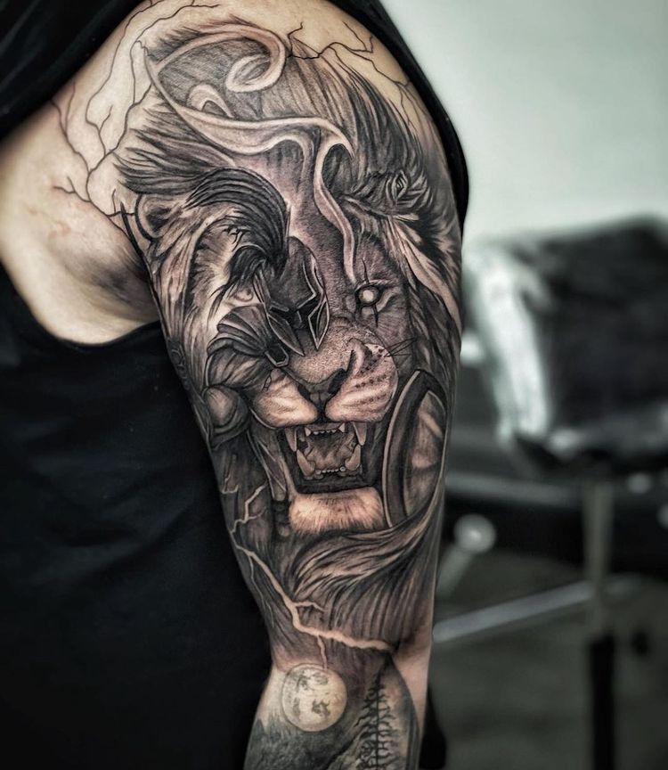 badass lion and warrior tattoo in dynamic composition