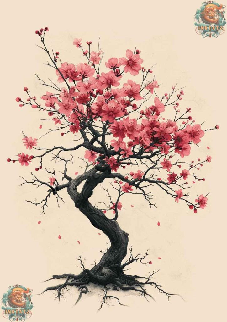 Detailed sakura tree tattoo on the back, a large and impactful design