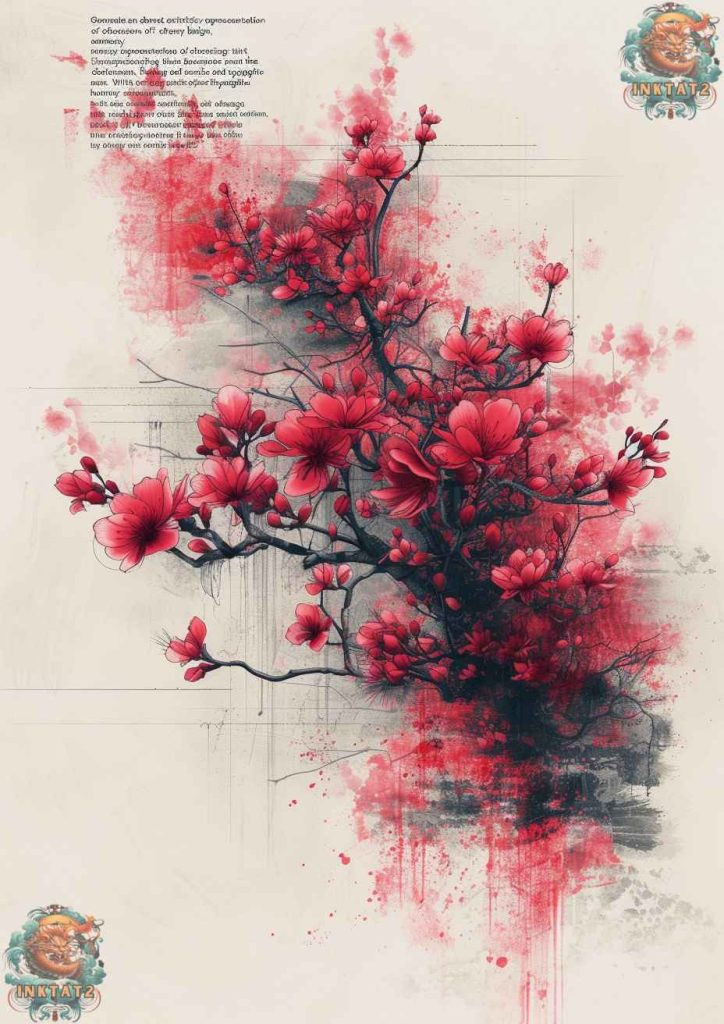 Sakura tree tattoo with a traditional Japanese art style, bold and impactful