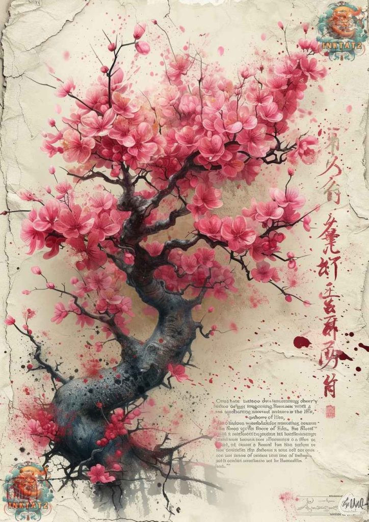 Cherry blossom tree tattoo with a design that incorporates Japanese calligraphy for &quot;fleeting beauty&quot;.