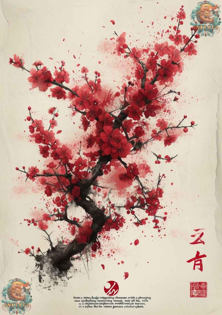 Cherry blossom tree tattoo with a design that incorporates Japanese calligraphy for &quot;transience&quot;.