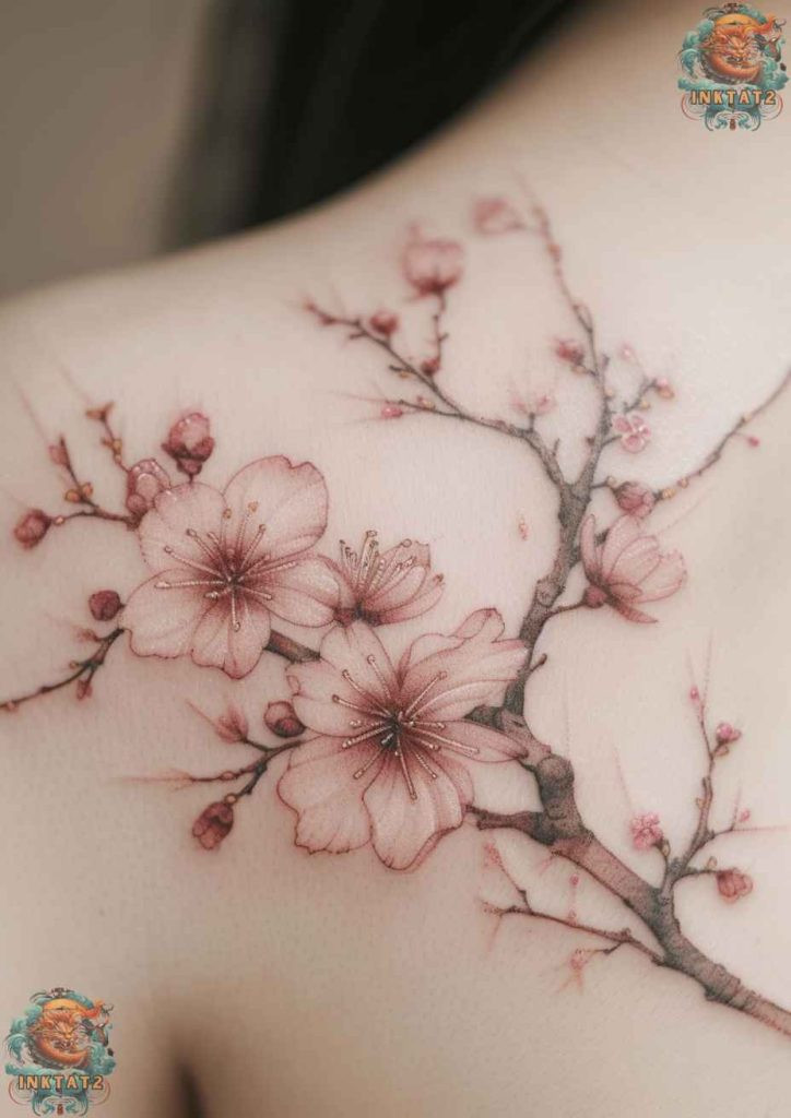 Sakura tree tattoo with a scattering of petals and leaves, natural grace and flow