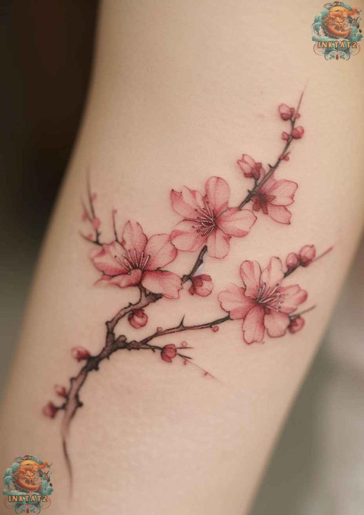 Cherry blossom tree tattoo with a design that incorporates a quote about embracing the fleeting nature of beauty.