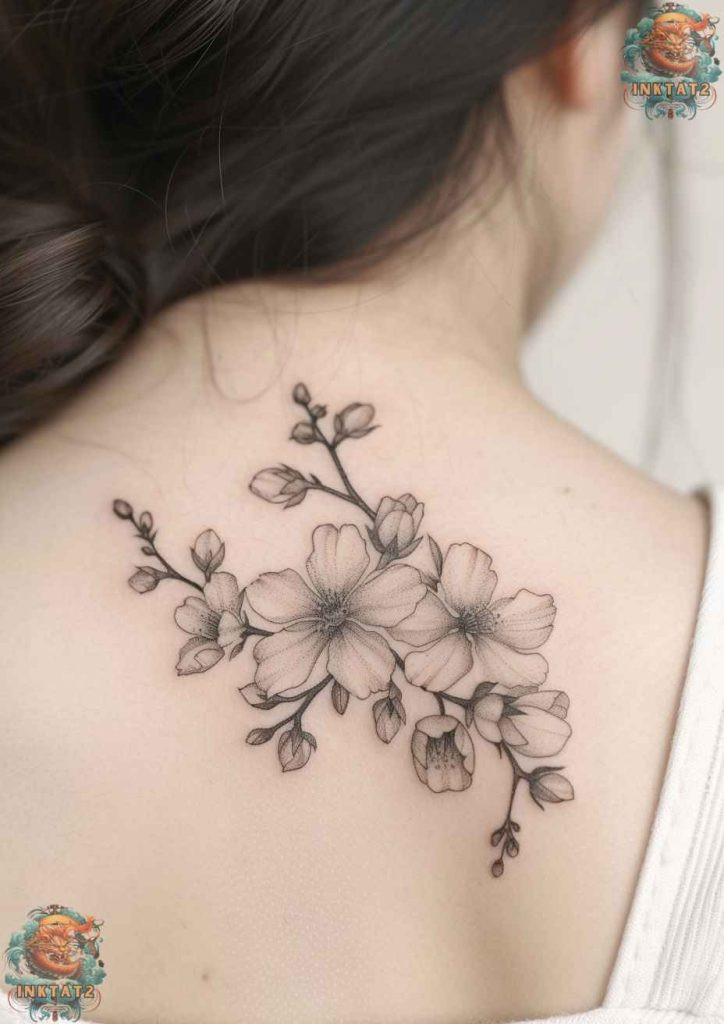 Cherry blossom tree tattoo with a design that uses delicate linework to emphasize the fragility of the blossoms.