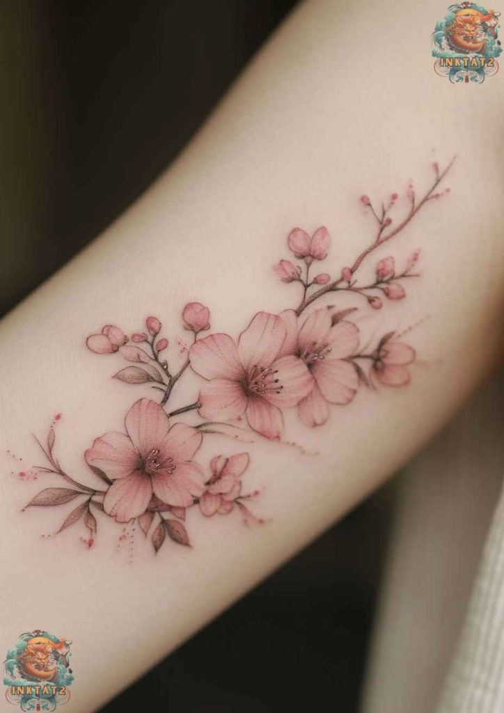 Cherry blossom tree tattoo with a design that incorporates a crescent moon and cherry blossoms, symbolizing cycles of change.