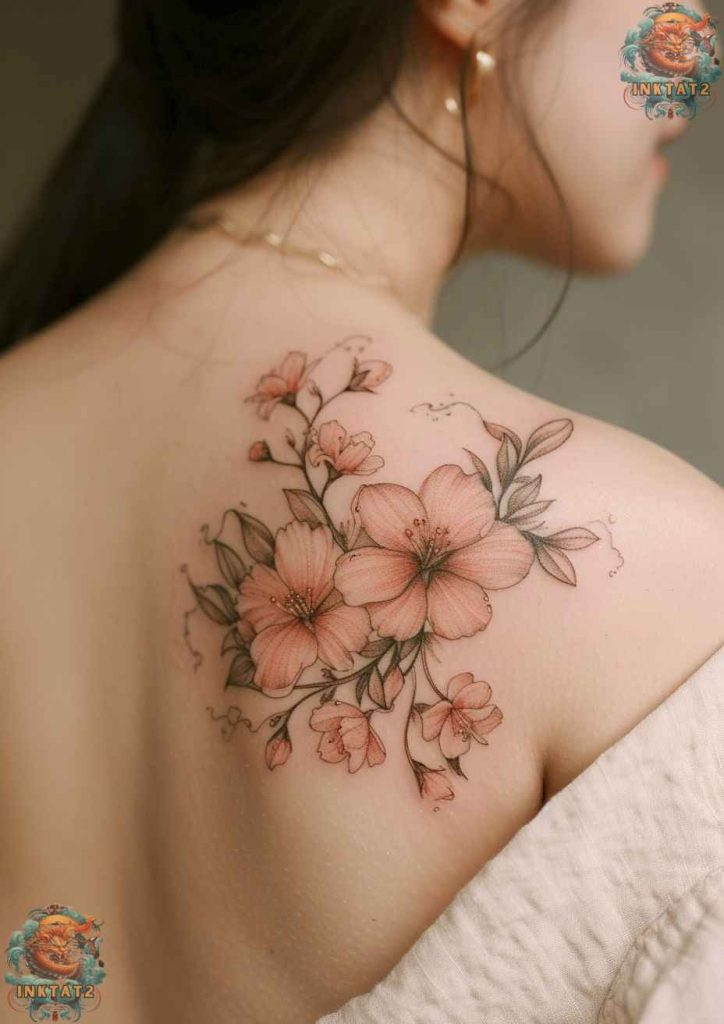 Sakura tree tattoo with birds in flight, symbolizing freedom and life's journey