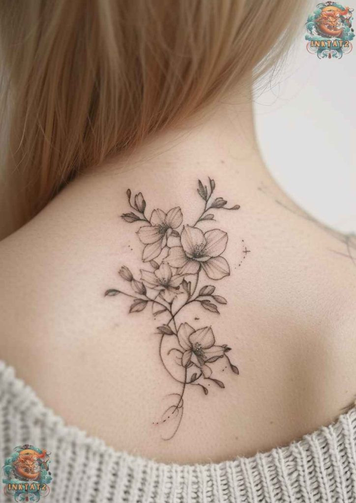 Cherry blossom tree tattoo with a design that features a phoenix rising amidst falling cherry blossoms, symbolizing rebirth from transient beauty.