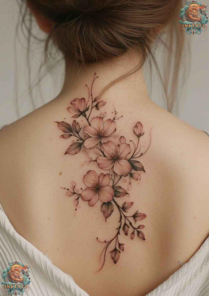 Sakura blossom tattoo with a vibrant pink and purple color palette, vivid life