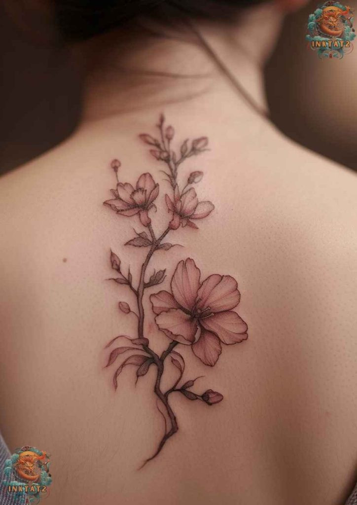 Cherry blossom tree tattoo with a design that features a hummingbird amidst falling blossoms, symbolizing enjoying fleeting moments.