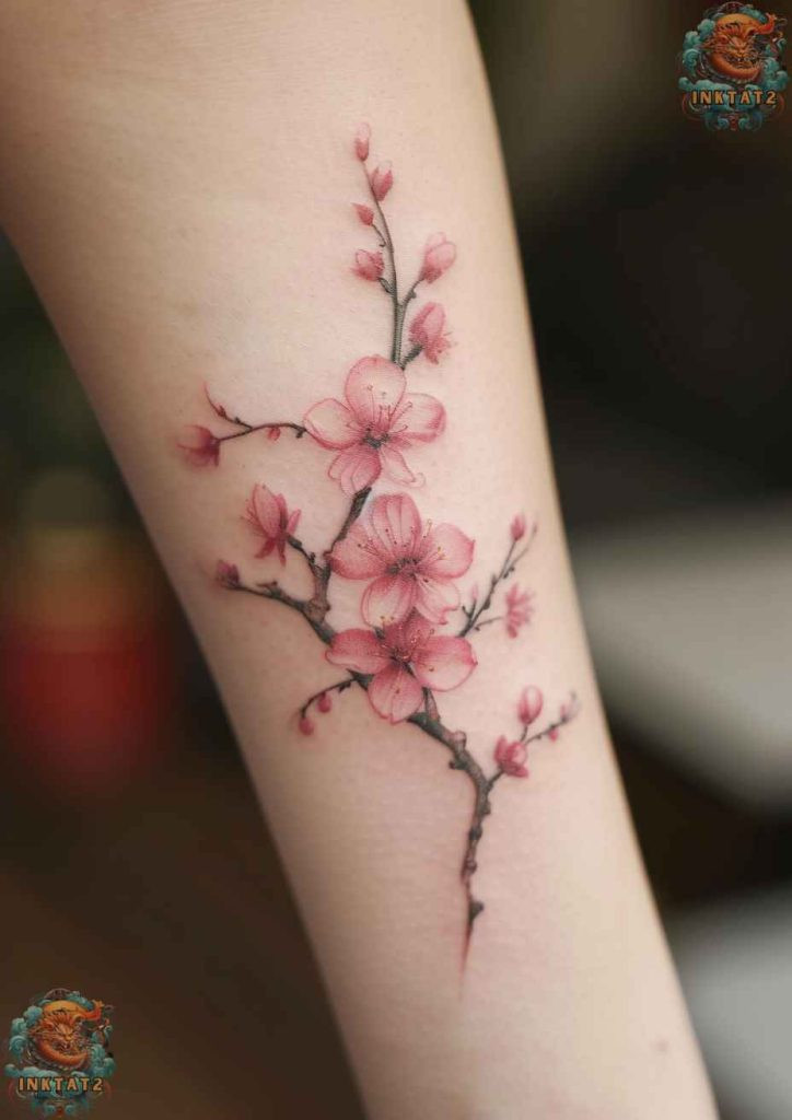 Cherry blossom tree tattoo with a design that incorporates a ladybug resting on a falling petal, symbolizing luck in transient times.