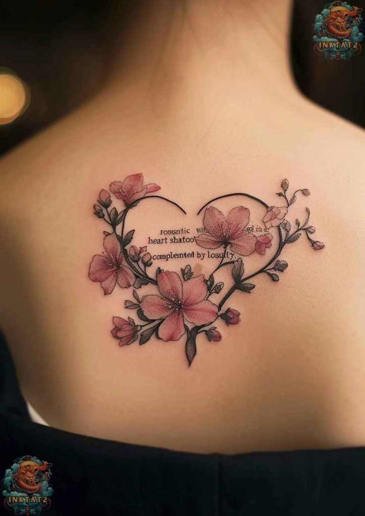 Cherry blossom tree tattoo with a design that incorporates a flowing ribbon with text.